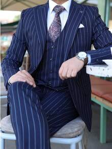 Mens Striped Suit Formal Business Wedding Prom Suit Pinstripe Male Groom Tuxedo Notched Lapel, Blazer+Vest+Pant, Modern Fit Wedding Party Dinner Formal, Long Sleeves - Màu xanh hải quân - Xem 2