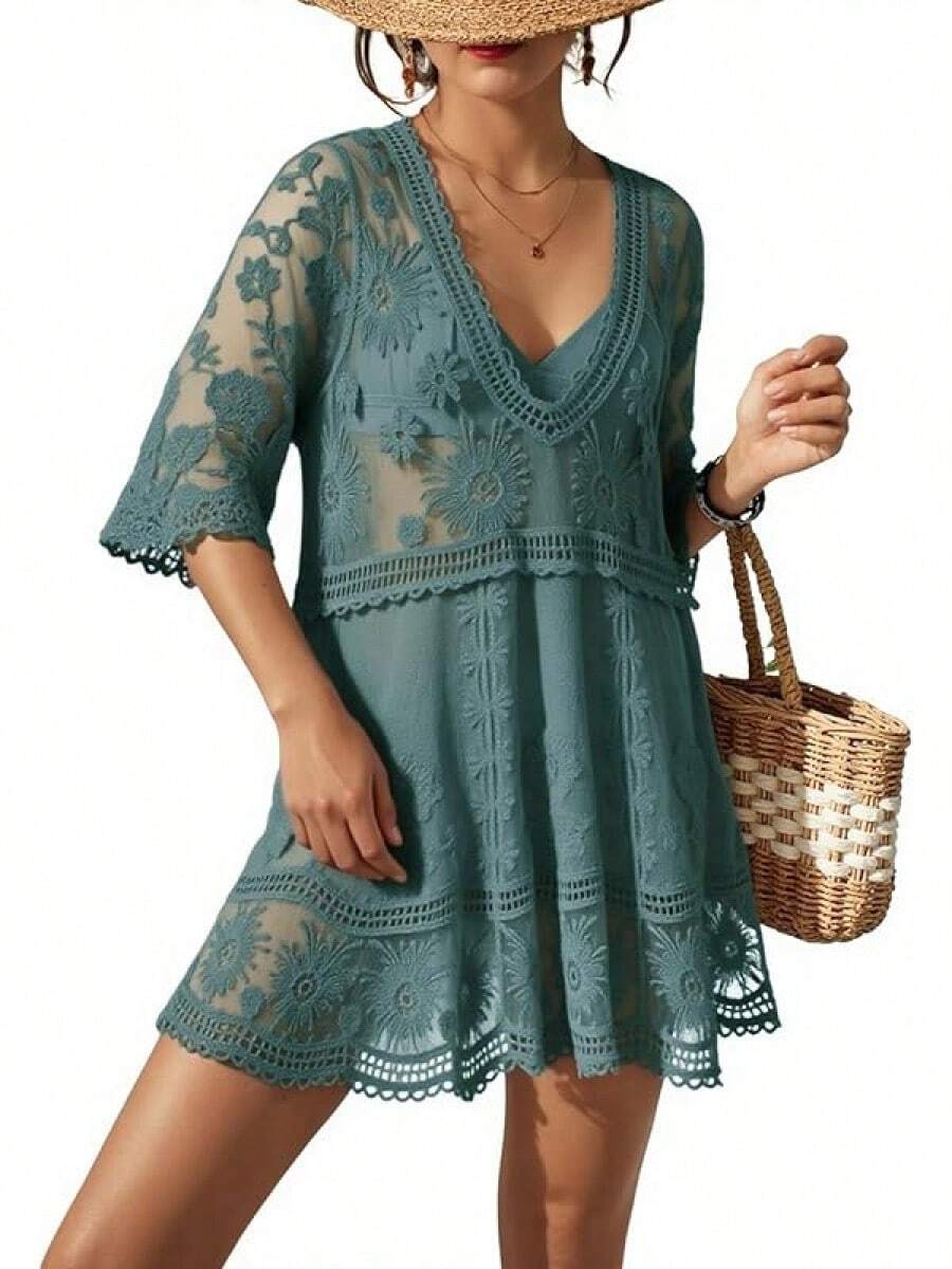 Women's Contrast Lace Loose Swimsuit Cover Up Beach Dress - Swimwear 2025 IBGX - H-xanh lá cây - Xem 1