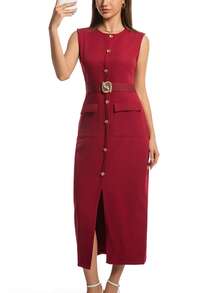 女士黑色长连衣裙，适合办公室穿着，春季无袖中长连衣裙，配有腰带和纽扣，以及女士吊带裙 - 酒紅色 - 查看 3