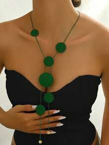 1件时尚优雅几何圆形光滑拉丝不对称蛇形链项链，百搭长项链，女士时尚饰品 - 綠色 - 查看 2