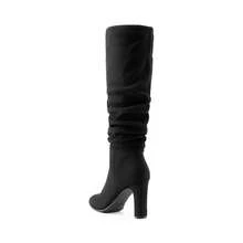 Women's Knee-High Boots, Comfortable Chunky Block Heel Pointed Toe Pull On Side Zipper Suede Slouch Riding Boots - Black-sUEDE - View 4