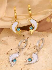 2pcs Exquisite Multi-Color Stainless Steel Earring Set With Unique Design, Cute Dolphin Ocean Elements, Fashionable And Cool, Suitable For Parties, Jewelry Accessories And Gifts