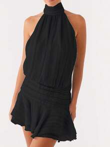 Women's 2025 Summer Halter Dress Sleeveless Open Back Ruffle Layered Chiffon Pleated A Line Swing Mini Dress - 黑色 - 查看 1