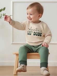 Toddler Baby Boy Clothes Auntie's Lil' Dude Print Long Sleeve Sweatshirt Pullover Top Solid Pants Set Fall Winter Outfit 2Pcs - 卡其色 - 查看 5