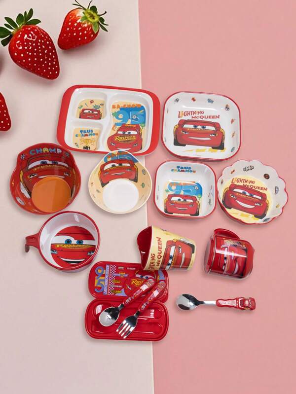 Disney 1pc Disney Cartoon Cars Tableware Plate, Bowl, Cup, Fork And Spoon, Cute And Fun Tableware, Family Dinner,Coffee Milk Cup, Fruit Salad Spoon And Fork And Plate And Bowl