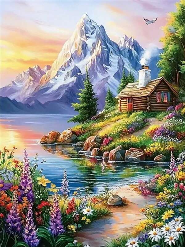 1 pièce Peinture de diamant DIY Paysage Eau courante Chaumière Décoration de maison Plein forage 11,8*15,7 pouces / 30*40 cm