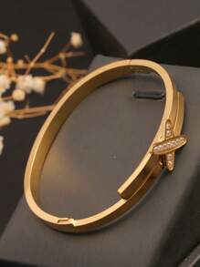 1 件不锈钢 18K 镀金时尚奢华交叉英文字母 X 镶嵌人造锆石扣手镯，个性化百搭手链，适合女性日常派对佩戴，送给女友/挚友的礼物 - 金色 - 查看 6