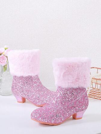 1 Pair Girls' Fashion High Heel Short Boots, Thick & Stylish Furry Boots
