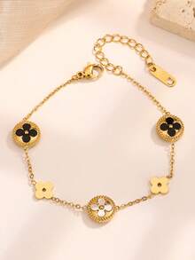 1 pieza Pulsera de trébol de cuatro hojas minimalista de lujo, diseño reversible de acero inoxidable de doble cara, no se desvanece, accesorio de joyería - Pulsera de flor de la suerte - Ver 4