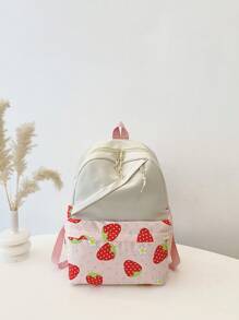 1 Pc New Style Girls' Strawberry Print Fabric Backpack With Adjustable Straps, Zipper Closure, Multifunctional Foldable Design, Perfect For Travel, School, Outdoor Activities, And Holiday Gifts
