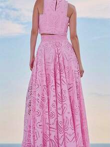 Women's 2 Piece Skirt Outfits Sleeveless O Neck Eyelet Tank Tops Long Flowy Skirt Set - 粉色 - 查看 2
