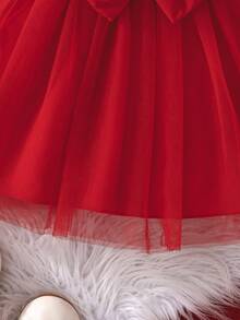 Baby Girls' Christmas Plaid Long Sleeve Dress, Embroidered Deer Animal & Bow Decor Mesh Dress, Autumn - Red - View 5