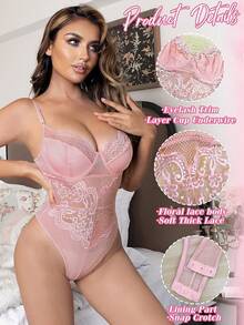 Popiv Women Lingerie Lace Body Suits Teddy Corset Tops Underwire Bodysuit - 淺粉色 - 查看 3