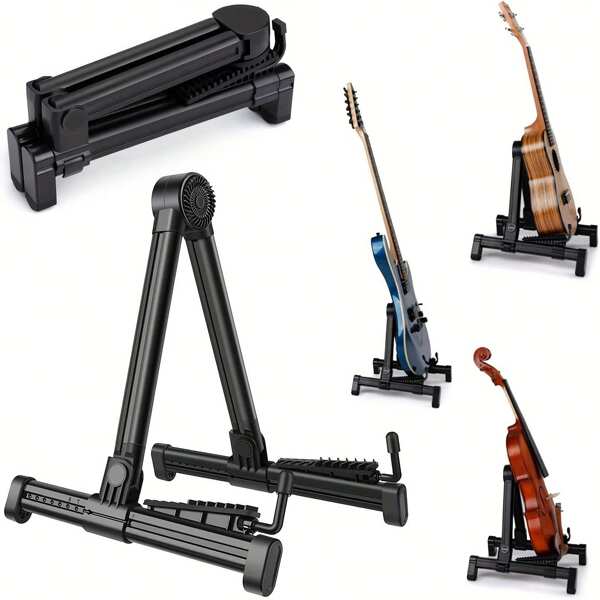 Universal Adjustable Guitar Stand - Folding Free-Standing Holder For Acoustic, Electric, Bass, Guitar, Mandolin, Banjo, Ukulele & Violin - Made Of Durable ABS With Silicone Rubber Protection