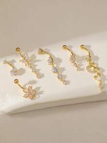 6 件镀金时尚闪亮锆石心形、蝴蝶结、花朵不锈钢肚脐环，适合女性作为生日礼物、日常佩戴、公司聚会、酒吧派对、沙滩装 - 金黃色 - 查看 3