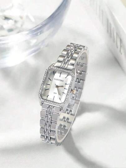 CARYINO Relógio feminino CARYINO com pulseira de aço inoxidável, formato quadrado clássico, elegante, versátil, delicado, de quartzo com zircônia cúbica, adequado para o dia a dia, negócios e reuniões