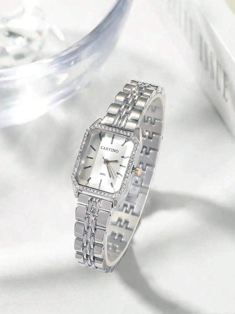 CARYINO 1pc CARYINO Ladies Stainless Steel Strap Watch, Classic Square Shape, Elegant Versatile Delicate Cubic Zirconia Quartz Watch, Suitable For Daily Life, Business, Gathering