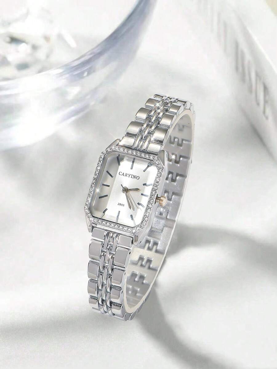 CARYINO 1pc CARYINO Ladies Stainless Steel Strap Watch, Classic Square Shape, Elegant Versatile Delicate Cubic Zirconia Quartz Watch, Suitable For Daily Life, Business, Gathering
