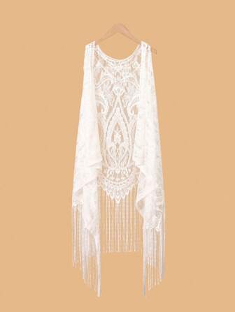 百搭蕾丝流苏披肩开衫，无袖长外套，适合夏季穿搭