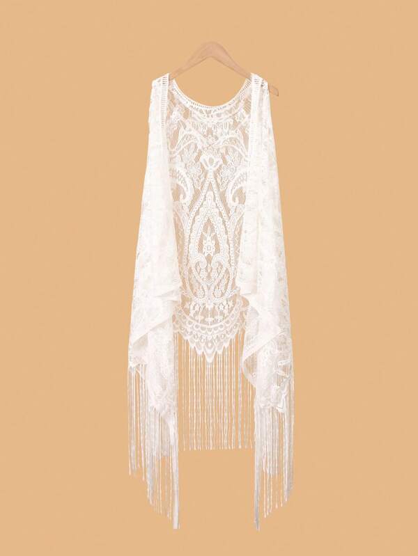 Casaco Cardigan com Xale de Renda e Borla Versátil, Jaqueta Longa Sem Mangas para Conjuntos de Verão