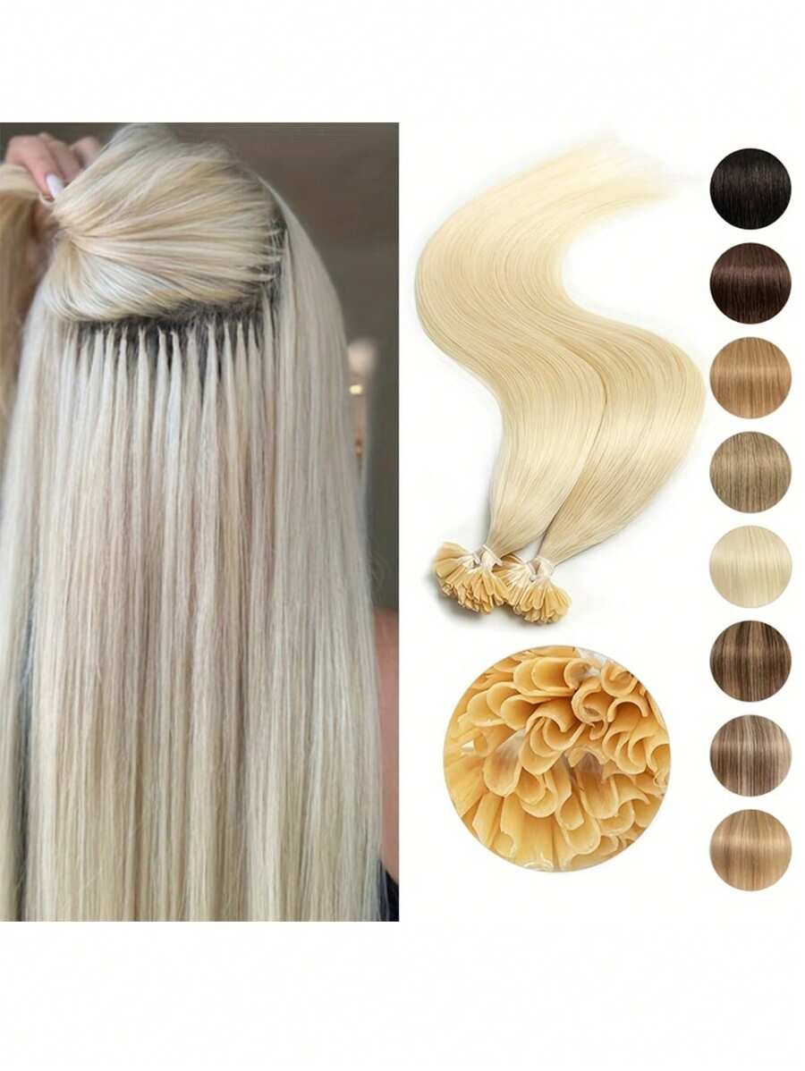 50 Pcs U Tip Hair Extensions Real Human Hair Extensions Natural Look Keratin Straight Basic Style Invisible Nail Tip Hair Extensions For Women