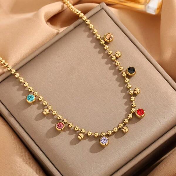 Colorful Stone Beads Chain 18k Gold Titanium Steel Necklace For Women, Delicate Choker Necklace, Luxury Aesthetic