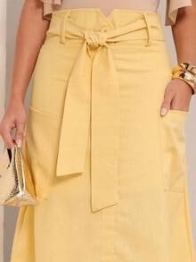 Linen Midi Skirt With Large Pockets And Modern Design - Màu vàng - Xem 5