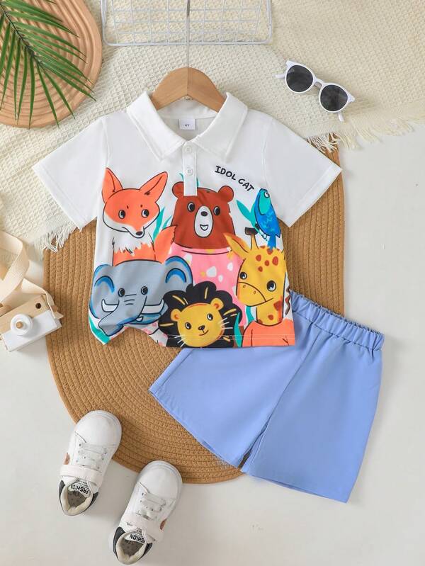 idolCat IDOLCAT 2pcs/Set Young Boys Cartoon Animal Print Polo Shirt And Elastic Waist Shorts Young Boy Clothes For Daily Wear,Outdoor And Vacation Kids Summer Clothes