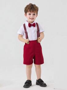 2pcs Baby Boys Gentleman Outfit - Red Suspender Pants And White Shirt With Bow Tie, Suitable For Holidays, Weddings, Parties, New Year Celebrations, And Everyday Wear