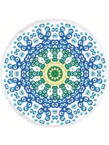 Round Beach Towel 150x150 Cm – Boho Style, 70% Cotton 30% Polyester, Quick-Dry, Multi-Purpose | Made In Turkey - Lime Green - View 2