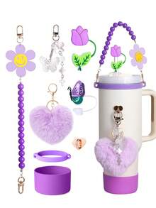 8 Pieces Cup Accessory Set, Including 1Cm Silicone Straw Cap, Silicone Boots, Water Bottle Handle Strap, Plush Heart, Etc., Suitable For 40 Ounce 30 Ounce Cups, Creative Gifts For Family And Friends, Diy Gift Cup Decoration, Mother's Day Gift, Father's Day Gift, Gift Cup Accessories For People, Back To School Supplies - Multicolor - View 6
