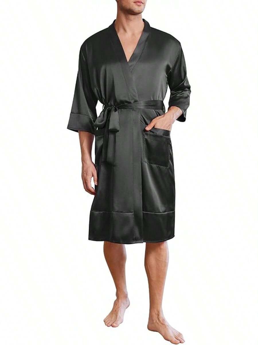 Mens Satin Robe Lightweight Silky Kimono Bathrobe 3/4 Sleeve Spa Knee Length Loungewear With Pockets S-3XLhalloween - Black - View 1