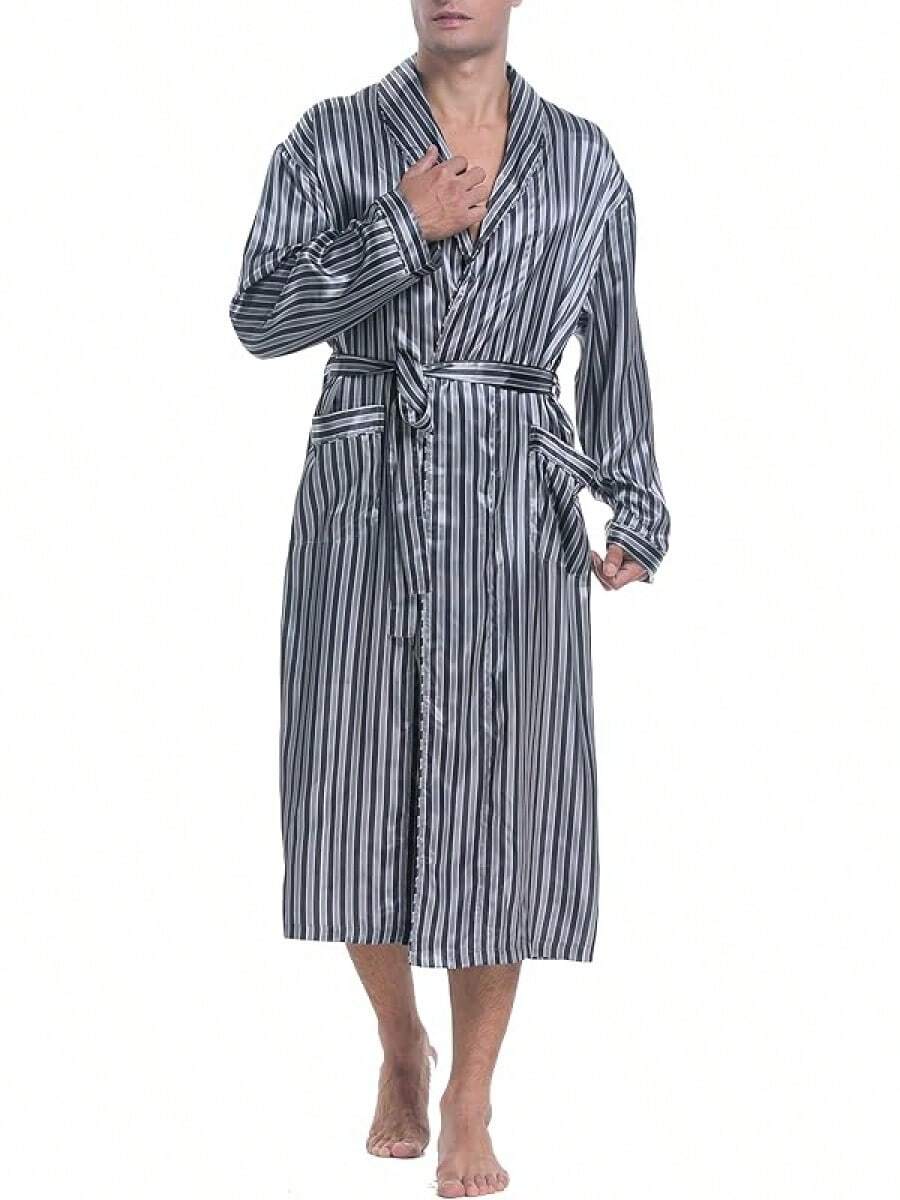 Lavenderi Mens Silky Satin Lounge Robe, Long Lightweight Sleepwear - Grey Stripe - View 1