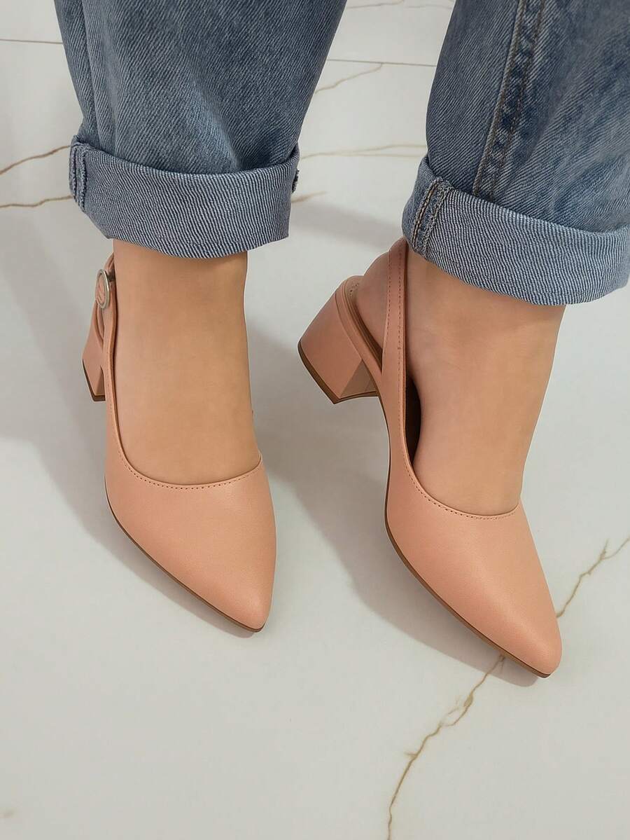 Elegant Block Heel Sandal With Pointed Toe And Open Back - Nude - View 1