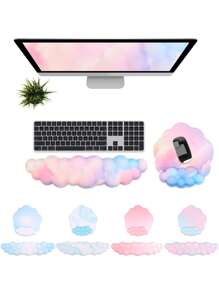 云朵鼠标垫护腕两件套 - 鼠标垫护腕套装包含云朵键盘护腕和云朵鼠标垫护腕。底部采用防滑设计，提供 5 种款式选择，适用于各种办公场景。