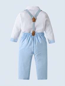 BOARNSEORL 两件套男童绅士套装 - 长袖衬衫配蝴蝶结和背带裤，时尚休闲套装，适合生日派对、周年庆典等场合。 - 淺藍色 - 查看 4