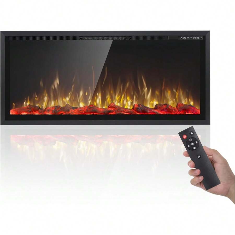 42"Electric Fireplace With Aluminum Frame: Wall-Mounted/Recessed Indoor Heater, Touch Screen, Remote & 12H Timer, 1500/750W" - US B Type Plug(110-127V) - View 1