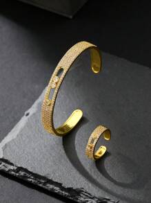 1 Conjunto com 2 Peças Pulseira e Anel com Zircônia no Estilo Euro-Americano, Design de Contas Redondas Deslizantes Dinâmico, Jóias para Uso Diário Feminino, Presente