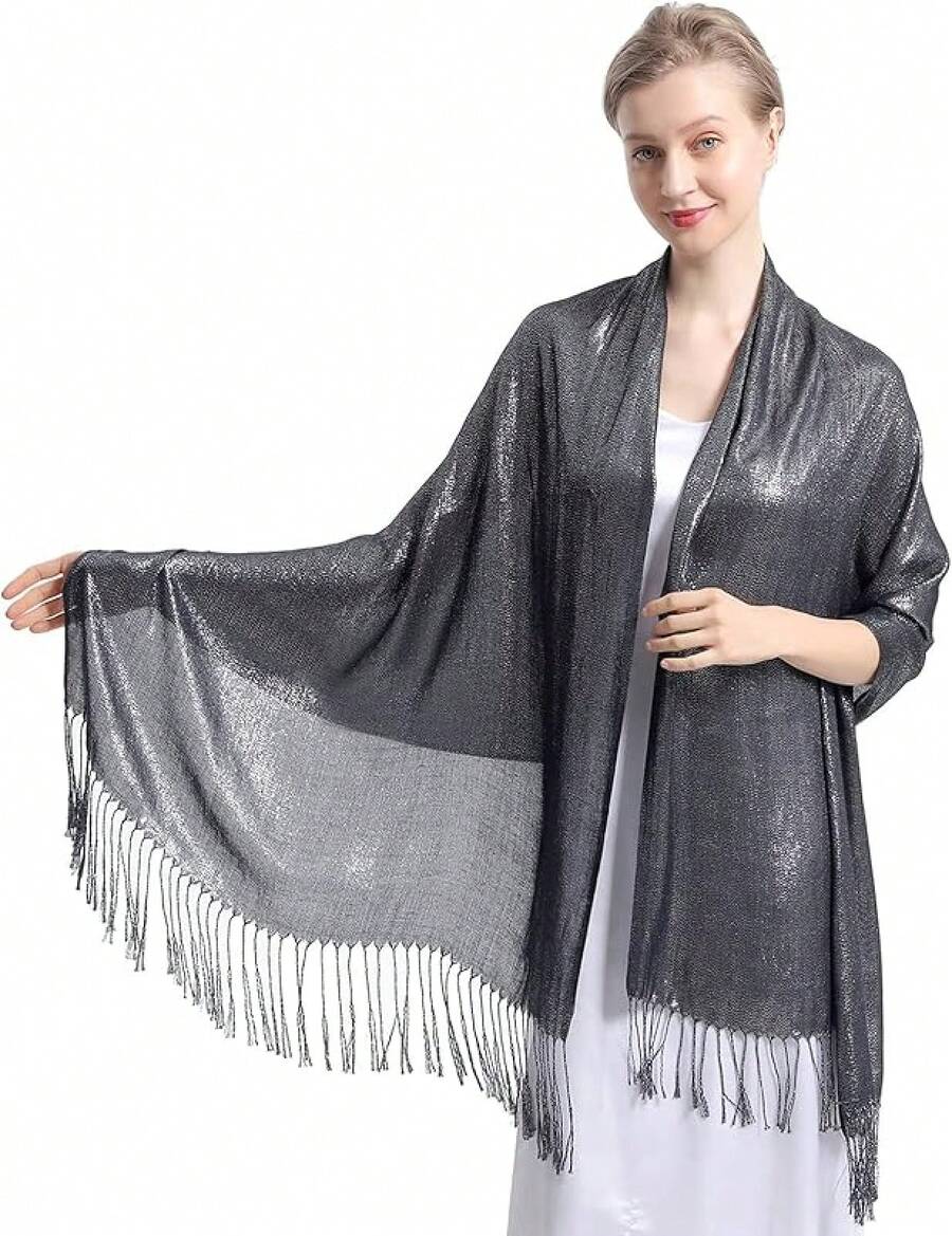 Sparkly Metallic Shawls And Wraps,Women's Glitter Pashmina Shawl Scarf Forformal Evening Party Dresses - F-黑銀色 - 查看 1
