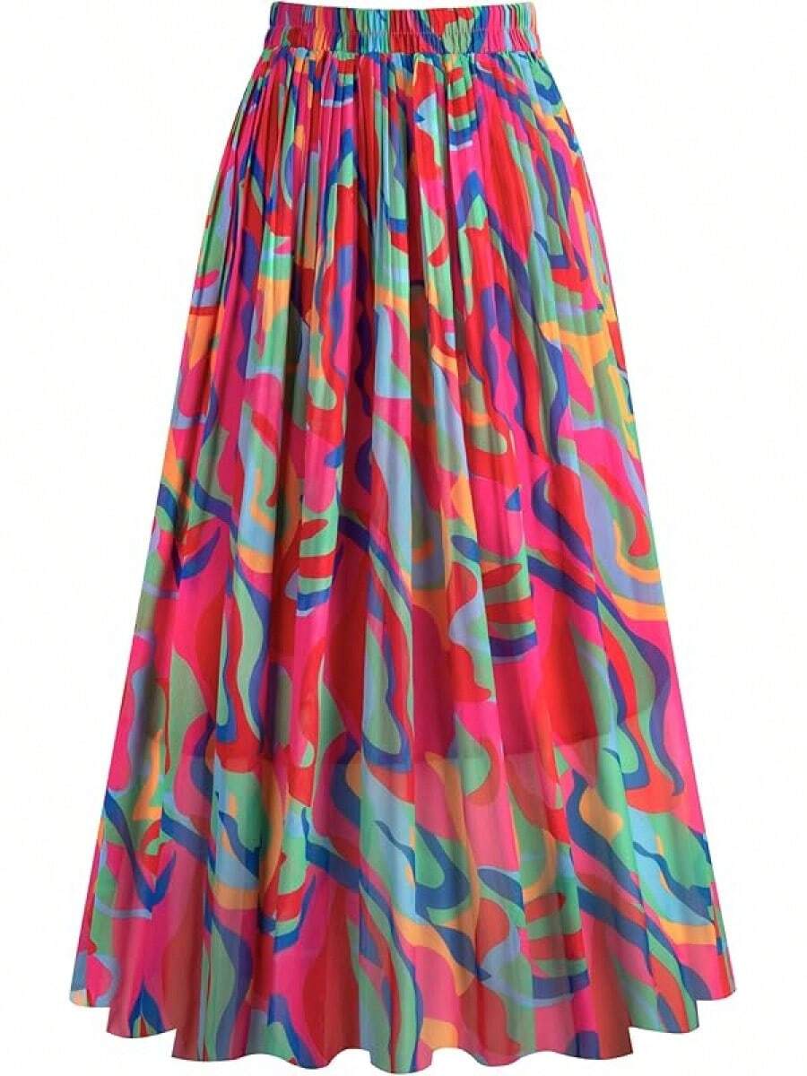 Kingfancy Women's Pleated Skirt Chiffon Elastic Waist A-Line Midi Length Skirt - Nhiều màu - Xem 1