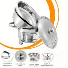 Ensemble de 4 plats à réchaud ronds en acier inoxydable de 5 pintes pour buffet - Comprend des plateaux pour aliments et eau, des chauffe-buffets et un service