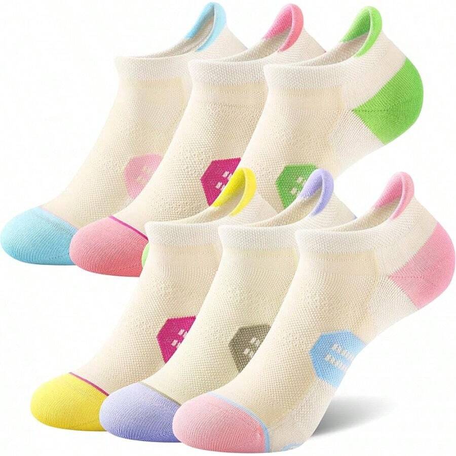 6 Pack Women's Ankle Running Socks Cushioned Low Cut Tab Athletic Socks Popular Comfortable - 奶油粉彩 - 查看 1