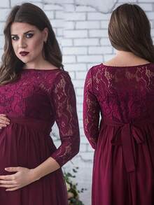 Pregnant Women Lace Dress, Maternity Maxi Gown Photography Clothes, 3/4 Sleeve Wedding Party Dress - 酒紅色 - 查看 1