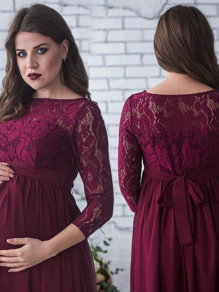 Pregnant Women Lace Dress, Maternity Maxi Gown Photography Clothes, 3/4 Sleeve Wedding Party Dress - 酒紅色 - 查看 1