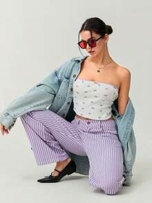 Womens High Rise Jeans Retro Classic Striped Print Wide Leg Denim Pants Boyfriend Jeans With Pockets - Purple - View 2