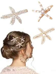 3pcs Vintage Faux Pearl Decor Starfish Shaped Hair Clip Stylish Hair Bun Maker Accessory, Suitable For Women And Girls For Daily Wear, Claw Clips, Clips For Hair, Hair Slide, Hair Claws - Multicolor - View 15