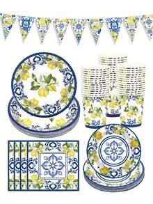 50 件 - 卡普里柠檬派对餐具用品、一次性蓝色纸盘、杯子和餐巾、带地中海柠檬餐具套装的蓝色瓷砖、用夏季柑橘水果装饰的派对餐具，适合婴儿周年纪念日、婴儿送礼会生日，最多可容纳 50 位客人。 - 多色 - 查看 1