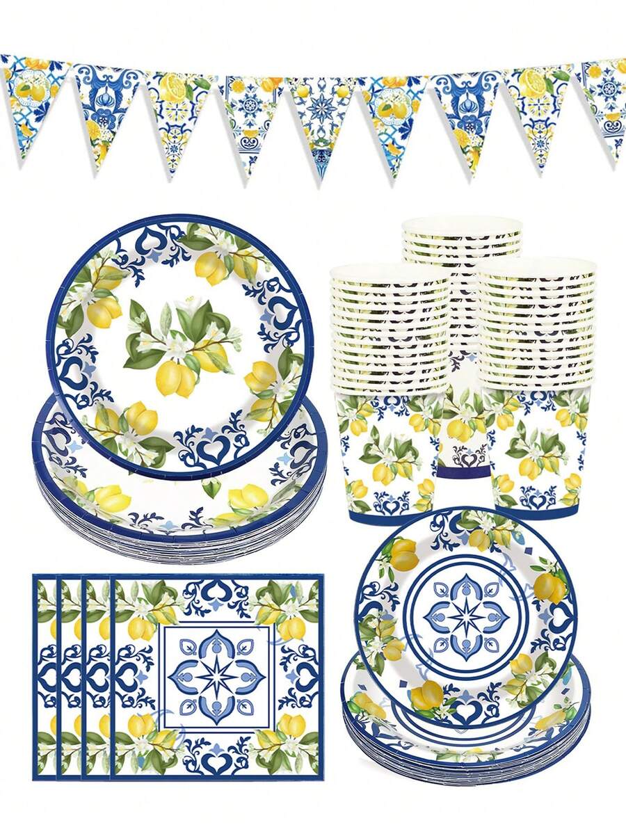 50 件 - 卡普里柠檬派对餐具用品、一次性蓝色纸盘、杯子和餐巾、带地中海柠檬餐具套装的蓝色瓷砖、用夏季柑橘水果装饰的派对餐具，适合婴儿周年纪念日、婴儿送礼会生日，最多可容纳 50 位客人。 - 多色 - 查看 1