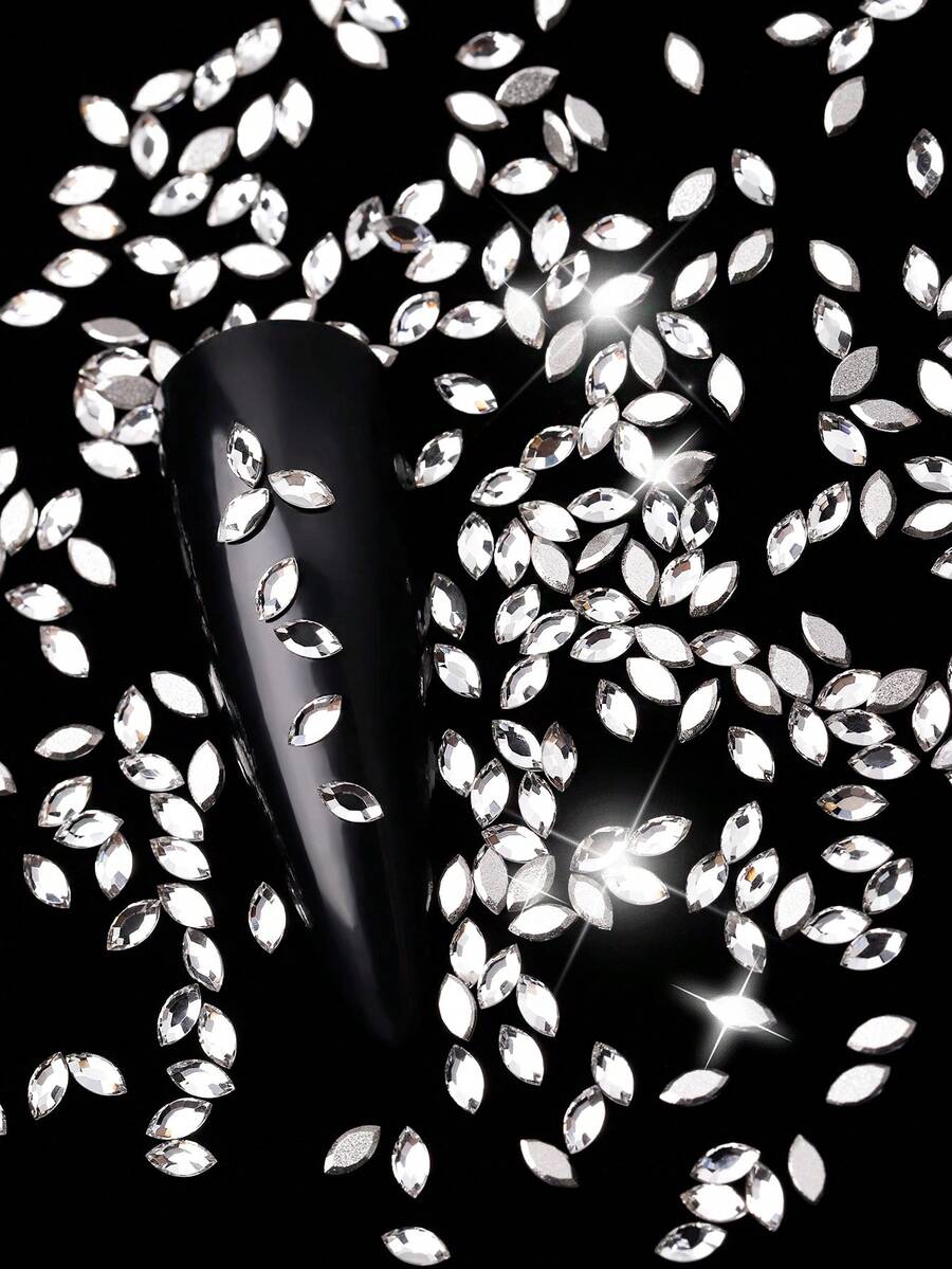 一包100颗迷你椭圆形闪亮钻石美甲饰品，3D平底钻石美甲装饰配件，闪亮美甲饰品，DIY手工艺术装饰饰品，珠宝制作和化妆配件水晶宝石。美甲用品 美甲 美甲饰品 - 銀色 - 查看 1