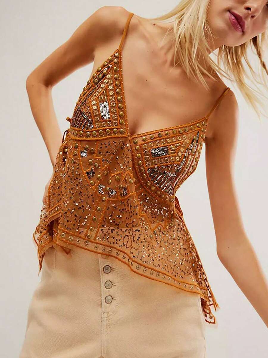Women's Sleeveless Rivet Sequins Tank Tops Side Tie Sheer V Neck Spaghetti Straps Camisoles Vest Tops For Summer - Đồng - Xem 1